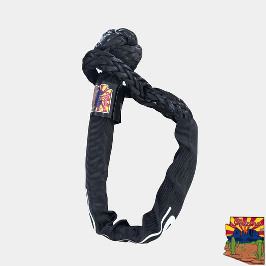 Black rope with a knot on a white background, featuring a colorful logo at the bottom right corner.