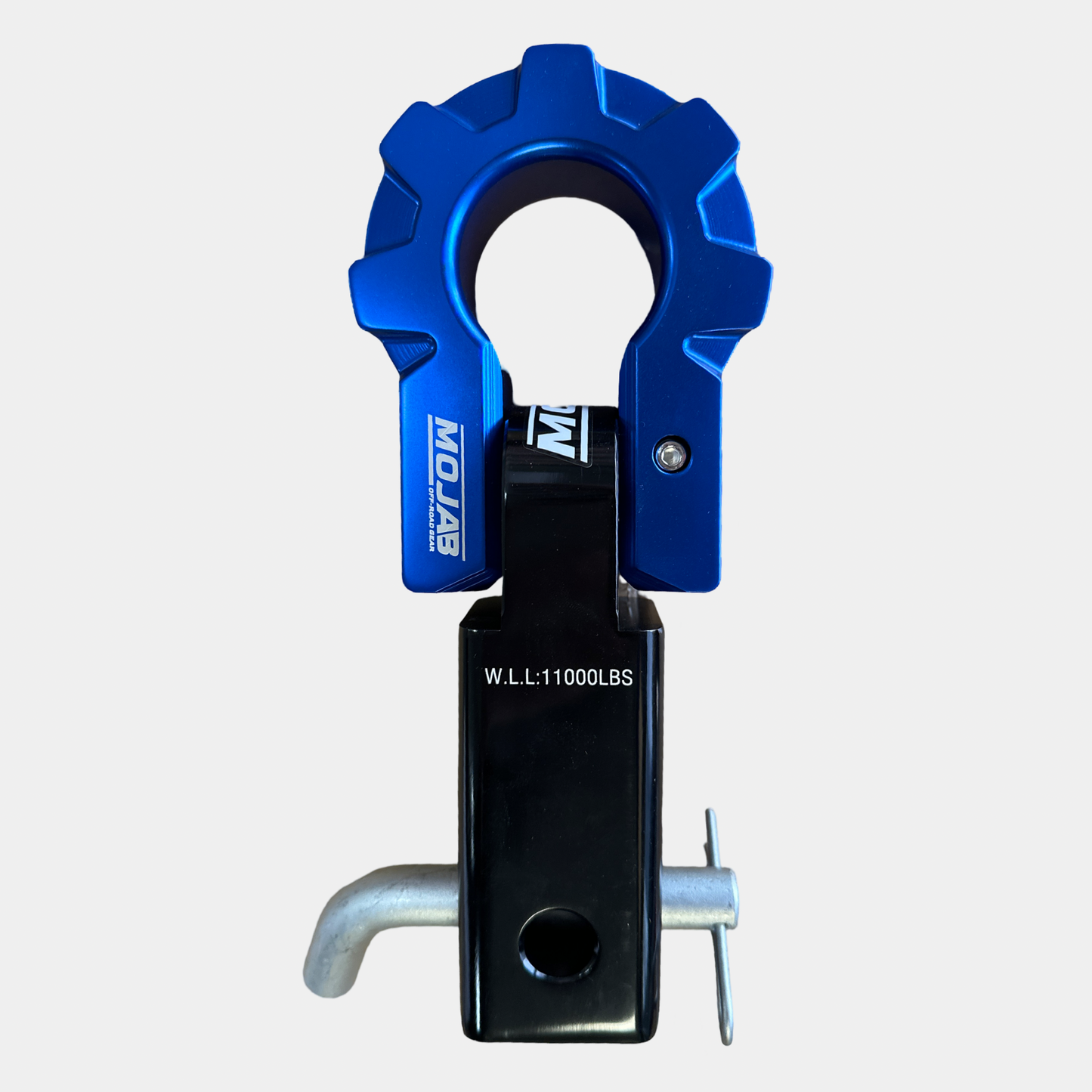 MOJAB 2-inch aluminum hitch receiver with 9-ton aluminum D-shackle in Blue, durable, lightweight, and corrosion-resistant for off-road recovery.