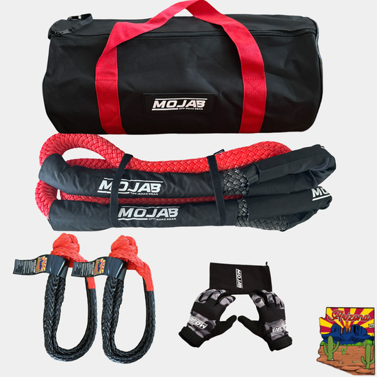 MOJAB off-road accessories including a black and red duffel bag, rope, gloves, soft shackle and Kinetic rope.