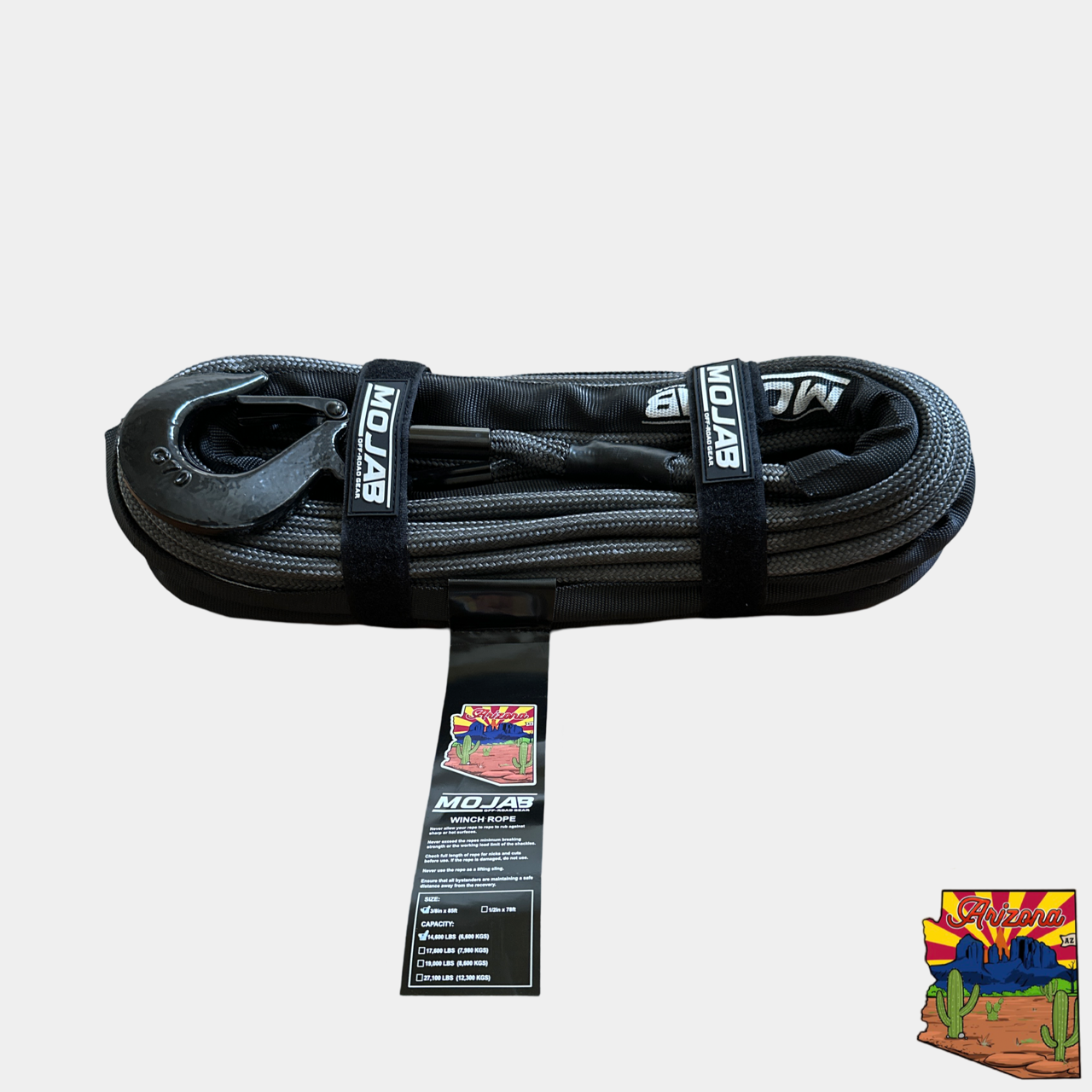 A black Double Braided synthetic winch rope with a removable forged winch hook and a black protection sleeve.