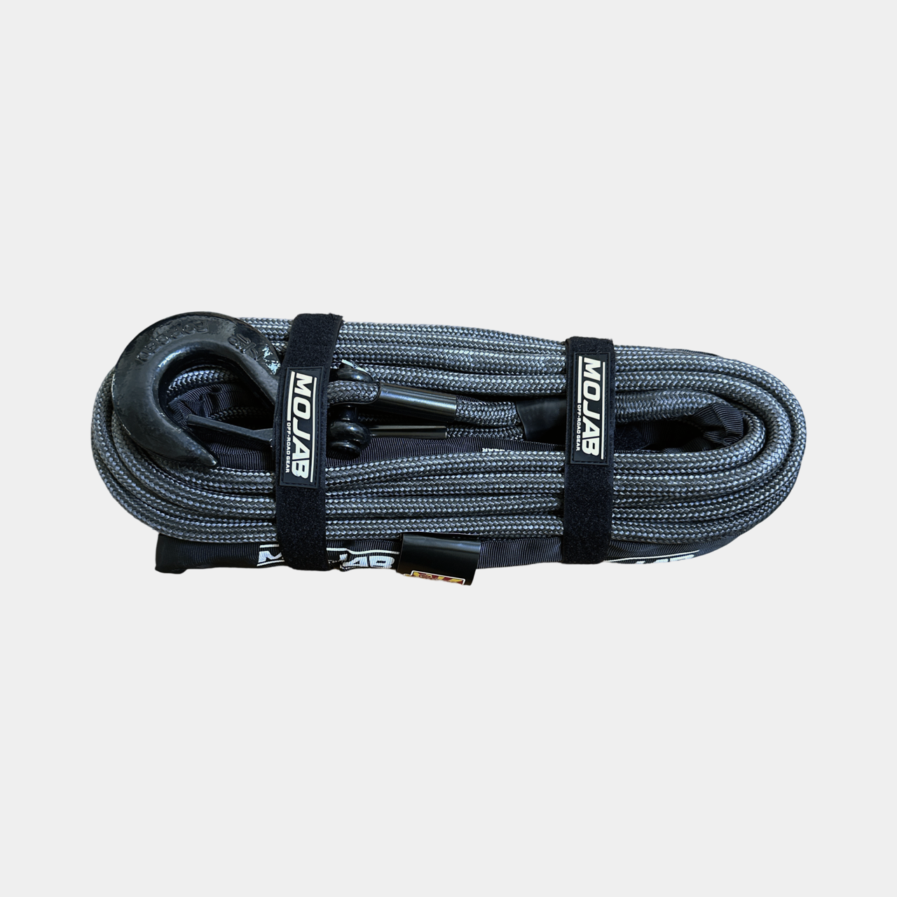 Double Braided synthetic winch rope with a removable forged winch hook and a black protection sleeve.