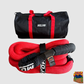 1 1/2” x 30' Kinetic rope with storage bag and black protective sleeve and double end eye-loop, displayed next to a black and red storage bag with the text 'MO-JAB'.