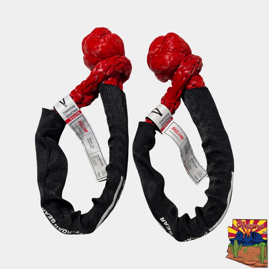 A pair of black and red Mojab soft shackle for off-road recovery and towing