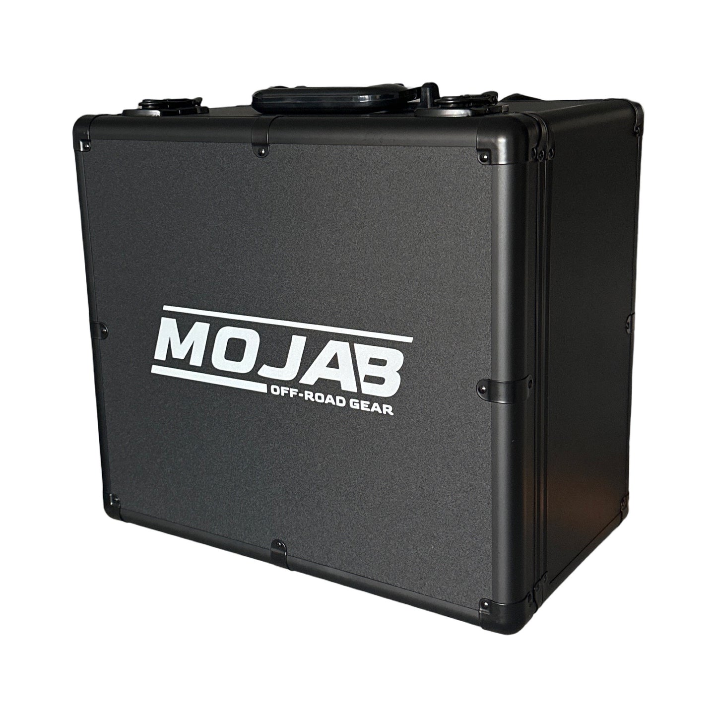 Black storage box with 'MOJAB Off-Road Gear' logo on a white background