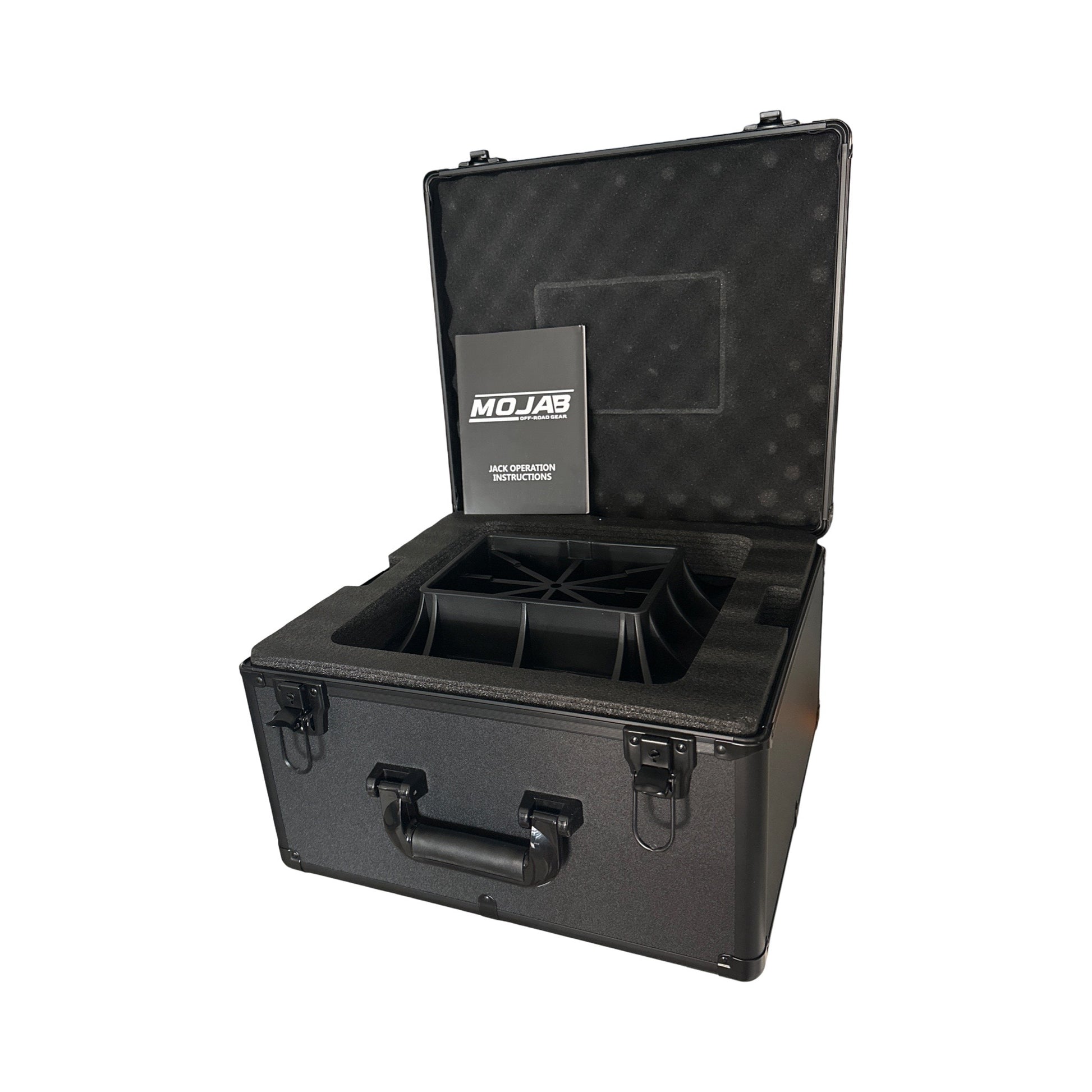 Black hard-shell carrying case with foam interior on a white background