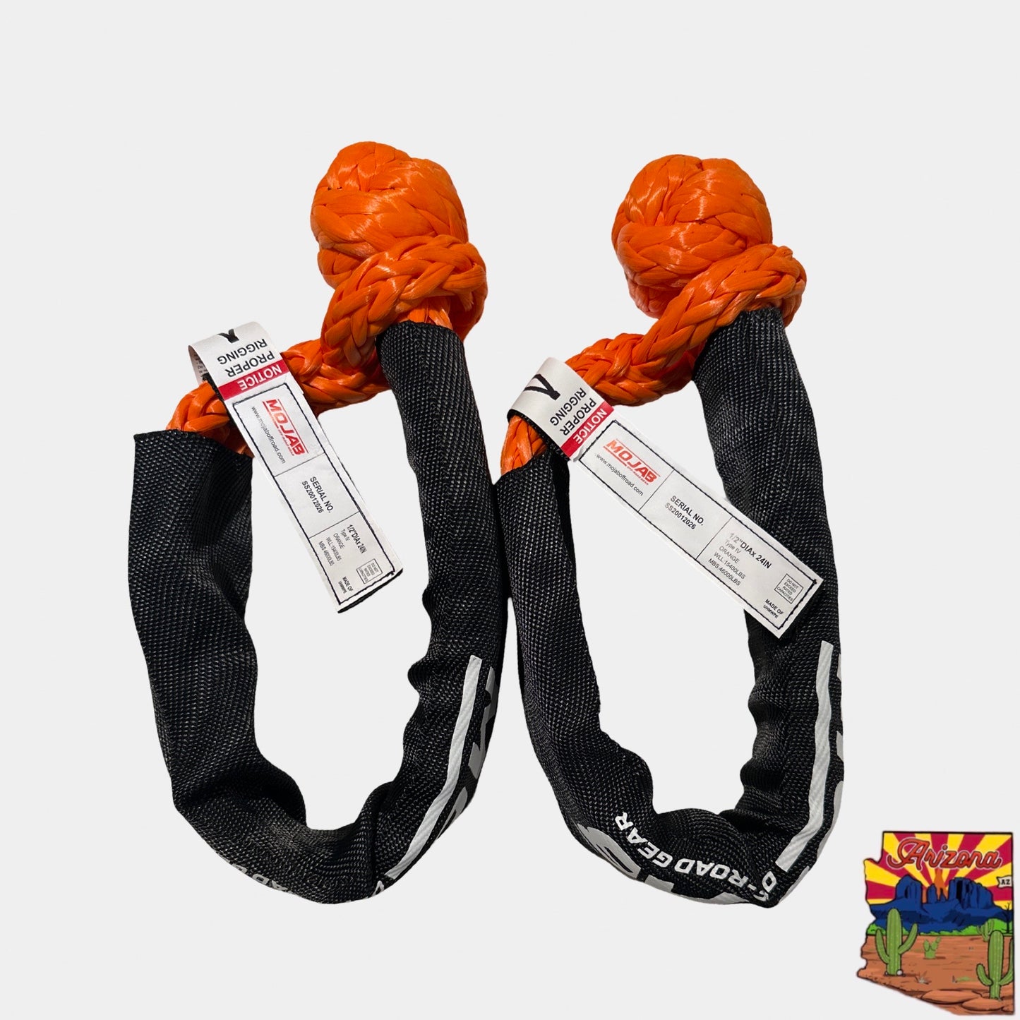 A pair of Orange Mojab soft shackle for off-road recovery and towing