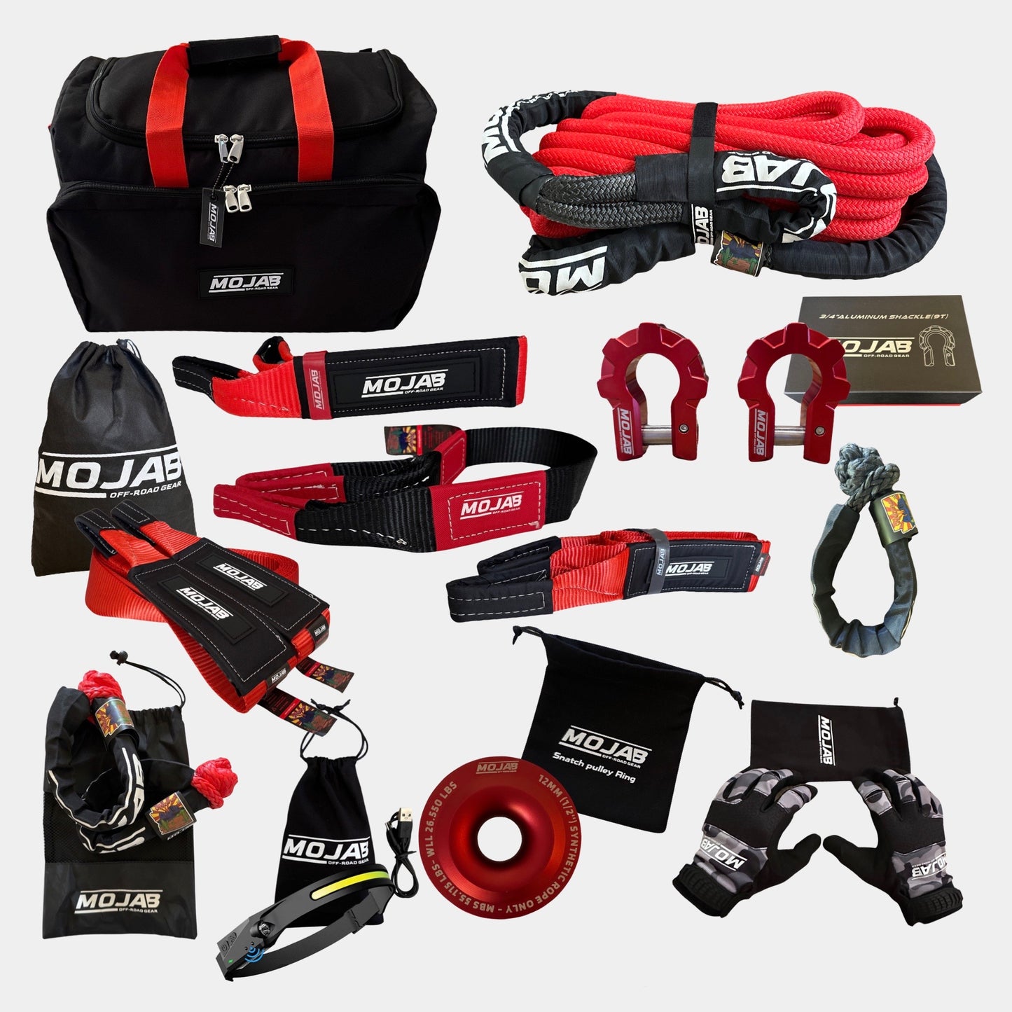 MOJAB Recovery Kit including Tow straps, Kinetic rope, soft shackles, shackles, and gloves and ring.
