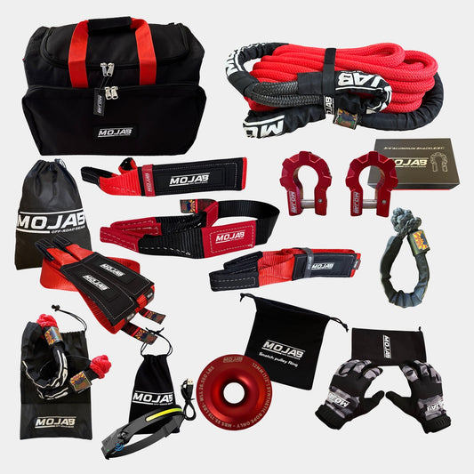 MOJAB Recovery Kit including Tow straps, Kinetic rope, soft shackles, shackles, and gloves and ring.