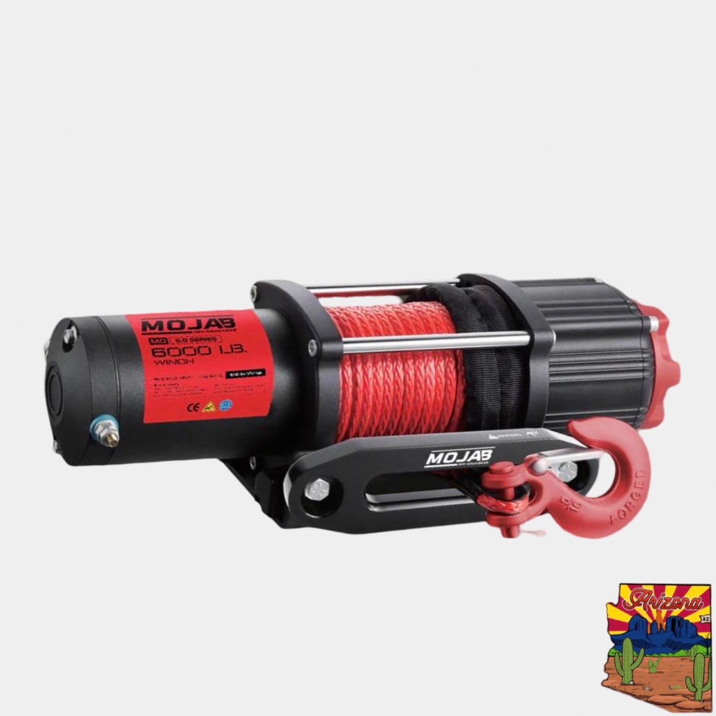 MOJAB  Electric winch 6000 lbs with red cable on a white background