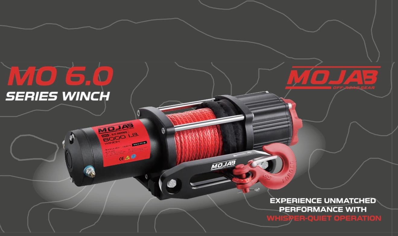 MOJAB MO 6.0 Series Winch on a dark background with brand logos.