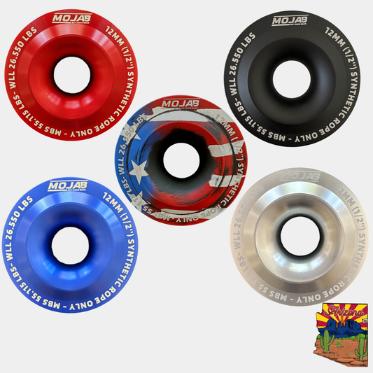 A collection of snatch rings in various colors including red, black, blue, silver, and multicolor, with the MOJAB logo and text indicating the product specifications.
